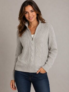 Holebrook Windproof Quarter-Zip Cable Knitted Cotton Sweater grey Women’s XS
